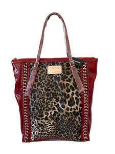 Bebe Lisa Large Red Fx Patent Leather Textured Leopard Trim Tote Chain Shoulder - Picture 1 of 7