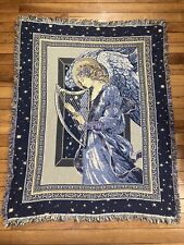 Vintage Hallmark Woven Angel Playing Harp Tapestry - Blue w Star Accents