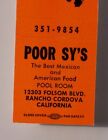 1960S Poor Sy Mexican Food Rancho Cordova Ca Sacramento Co Matchbook California