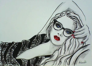 H.Schmidt Erotik*Sinnlich*portrait frau fashion Brille Kleid  Aquararell 24x17 - Bild 1 von 1