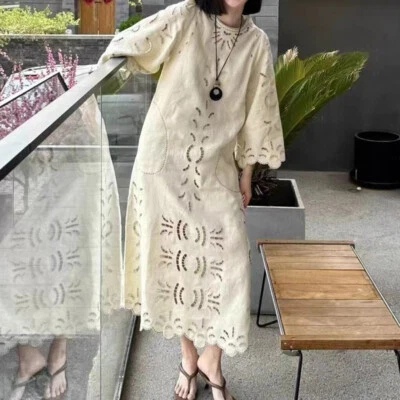 Womens Beige  100% Linen Hollow Embroidery Short Sleeves Romantic Long Dress - Image 1 of 4