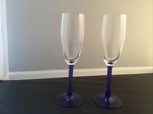 Set of 2 Cobalt Blue Spiral Stemmed Clear Champagne Flutes Glasses - Picture 1 of 2