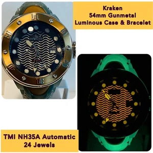 54mm Auto | Army Green & Luminous Case & Bracelet | KRAKEN Invicta Mens Watch - Picture 1 of 12