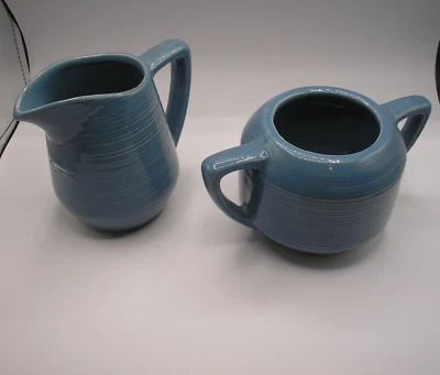 Vintage McCoy Mid-Century Modern Creamer and Sugar #648 Blue Ribbed - Image 1 of 4