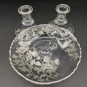Vintage Flandern Silber Stadt Glas Mohn Fuß Schale & Paar Kerzenhalter - Bild 1 von 13