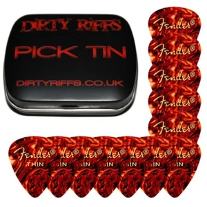 12 x Thin Fender 451 Celluloid Shell Guitar Picks Plectrums In A Pick Tin - Picture 1 of 1