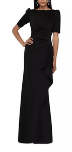 XSCAPE Women’s Size 12 Black Ruched A-Line 3/4 Puff Sleeves Ruffle Evening Gown - Picture 1 of 4