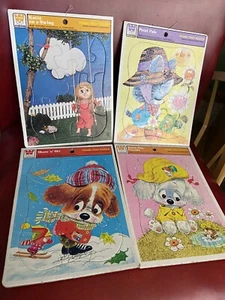 Vintage lot of 4 Whitman Golden Frame Tray Puzzles Dog Cat Kids Outdoors 1970’s - Picture 1 of 5