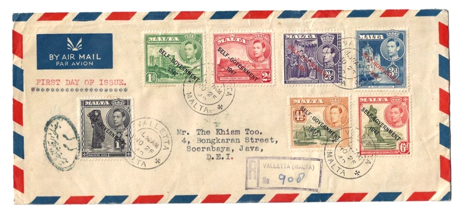 Malta 1948 FDC, KGVI Autogobierno Registrado Correo Aéreo a las Indias Orientales Holandesas Foto 1 de 2