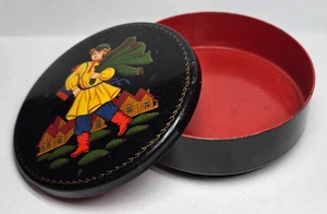 Caja metálica rusa vintage pintada a mano arte popular URSS era soviética lata redonda 3,5" - Imagen 1 de 8