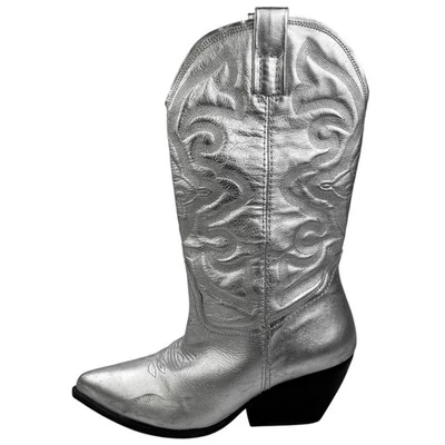 Steve Madden West Silver Leather Pointed Toe Pull On Block Heel Western Boots 9M - Image 1 of 4
