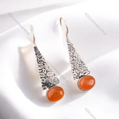 Pendientes colgantes ovalados de piedra cornalina de plata de ley para boda cumpleaños hermana Foto 1 de 4