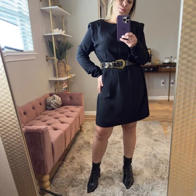 Mango Eco Vero Vestido Negro Manga Larga Clásico Minimalista Hombreras Foto 1 de 4