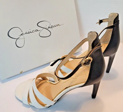 Jessica Simpson 黑色白色高跟鞋皮革绑带凉鞋 Maselli 7.5 — 第 1/4 张图片