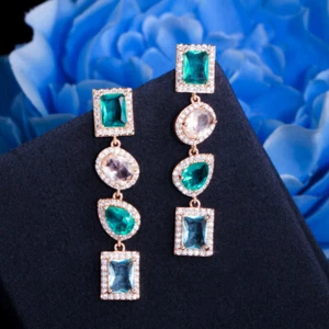 Multicolor Blue CZ Long Drop Oval Square Dangle Earrings Boho 925 Silver Jewelry - Picture 1 of 15