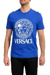 Versace Men's Royal Blue Short Sleeve White Logo Print T-Shirt US 3XL IT 58 - Picture 1 of 6