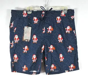 Denim & Flower Men's Shorts Size XL Navy Blue Drawstring Santa Clause Print NWT - Picture 1 of 9