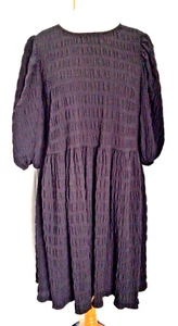 Primark Black Waffle Fabric Short Puff Sleeve Knee Length Dress Size 16 BNWOTs - Picture 1 of 10