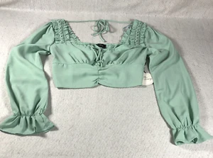 Milk & Honey Womens Crop Top Sz M Ruffle Square Neck Tie-Front Long Sleeve NWT - Picture 1 of 14
