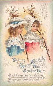 Easter Clapsaddle Girls in Easter Dress Hat Carrying Flowers 1916 - Picture 1 of 2