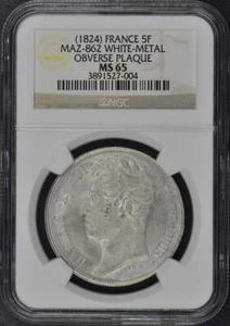 1824 ESSAI FRANCE 5F Maz-862 NGC MS65 White Metal Obv. Plaque - Picture 1 of 3