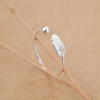 Anillos de plumas de plata de ley 925 anillo de dedo de boda nupcial banda joyería para mujer Foto 1 de 4