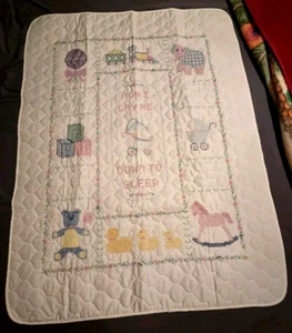 Vintage Handmade Baby Blanket Quilt 32" x 43" Embroidered Train Animals & Toys - Picture 1 of 13