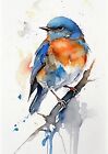 Watercolor Painting Print - Blue Bird on a Twig, 5"x7" on Matte Paper