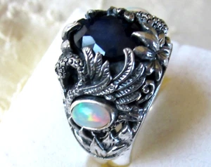 Sapphire & Opal Swan Ring / size 8 / 925 Sterling Silver / 3.7ct 10.8 g - Picture 1 of 8