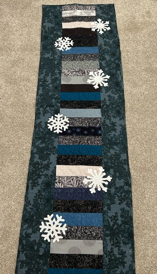 Handcrafted Blue Christmas Blue Snowflake Patchwork Quilt Table Runner 17 x 60” - Image 1 of 4