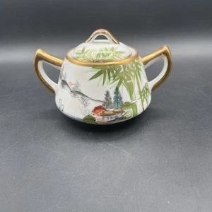 Kutani Eierschale Porzellan weiß Zuckerdose Japan 1960 Goldrand Bambusdorf - Bild 1 von 12