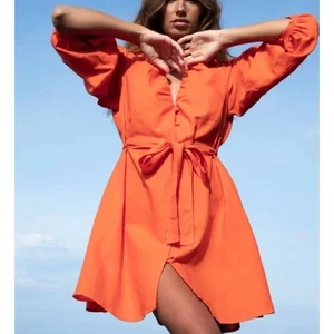 Vestido Camisa The Lullaby Club Nuevo con Etiquetas Hollie Lino Algodón Coral Naranja Cinturón S/M - Imagen 1 de 8