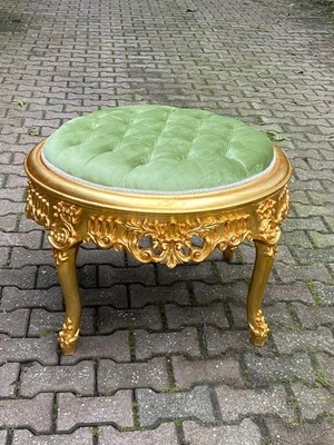 Bench Pouf Italian Baroque Gold Gilded Beech Green Velvet Tufted Ottoman - Image 1 of 4