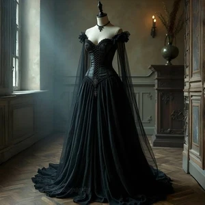 Vestidos de graduación góticos negros con apliques de encaje al hombro descubiertos vestido de noche vintage línea A - Imagen 1 de 11