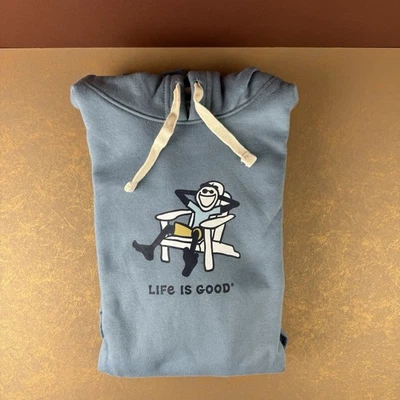 New Men's Life Is Good M Blue Hoodie Sweatshirt Pullover Jake Adirondack Chair - Image 1 of 4