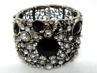 Black Acrylic Chunky Crystal Clubbing Ballroom Silver Bracelet Clamper Bangle - Image 1 of 4