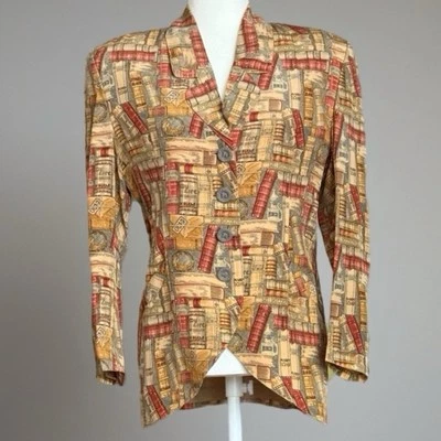 90s O’Trio Paris Library Bookshelf Print Blazer Dark Academia Parisian Size M - Image 1 of 4