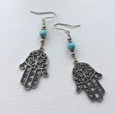 Pendientes grandes de turquesa de mano Hamsa, ganchos colgantes grandes bohemios bohemios Reino Unido Foto 1 de 4