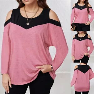 PLUS SIZE ⭐ Sexy Cold Shoulder Women Long Sleeve Patchwork T Shirt Blouse Tops - Picture 1 of 15