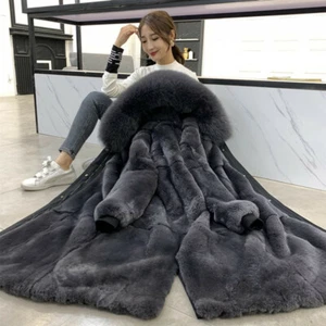 Invierno Mujeres Real Conejo Piel Forrada Parkas Gruesa Cálida Piel de Zorro Ropa Larga con Capucha - Imagen 1 de 18