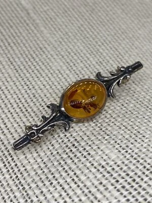 VTG Sterling Silver Orange Baltic Amber Cabochon Sterling Silver Brooch Pin - Image 1 of 4