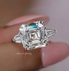 Anillo de compromiso de moissanita corte Asscher 6 quilates tres piedras oro blanco 14k joyería - Imagen 1 de 6
