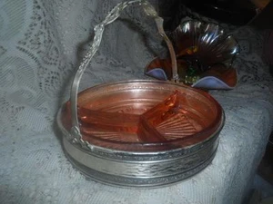 Vintage ~ Antik Rosa Depression Glas Geteilt Relish Schale mit Silber Teller Griff Korb - Bild 1 von 12