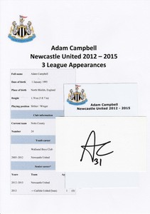 ADAM CAMPBELL NEWCASTLE UNITED 2012-2015 ORIGINAL HAND SIGNED CUTTING/CARD