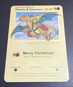 Pokémon TCG: Custom-Made Hard Gold Metal Card of Christmas Pikachu & Charizard - Picture 1 of 2