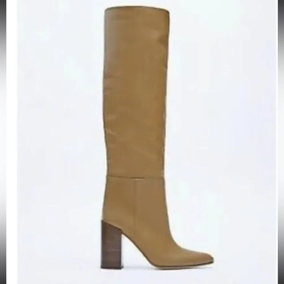(W4) Botas hasta la rodilla de cuero con tacón Zara para mujer color topo talla 37/6,5 EE. UU. Foto 1 de 4