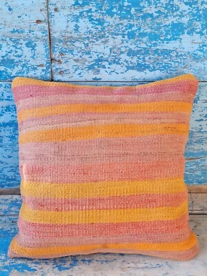 Travesseiro Kilim de lã listrado vintage turco tecido à mão década de 1950 16"x16"-41cmx41cm - Imagem 1 de 4