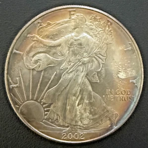 2002 American Silver Eagle Beautiful Natural Blue Toning Both Sides - Picture 1 of 4