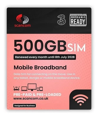Three 500GB Data SIM - Uncapped 5G - Preloaded MONTHLY Until July 2028 -...  - Image 1 of 4
