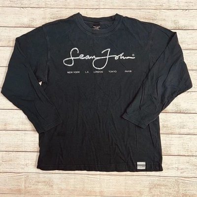 Sean John Black Long Sleeve Shirt XL Vintage Y2k Script Logo Cities Tee Cotton - Image 1 of 4